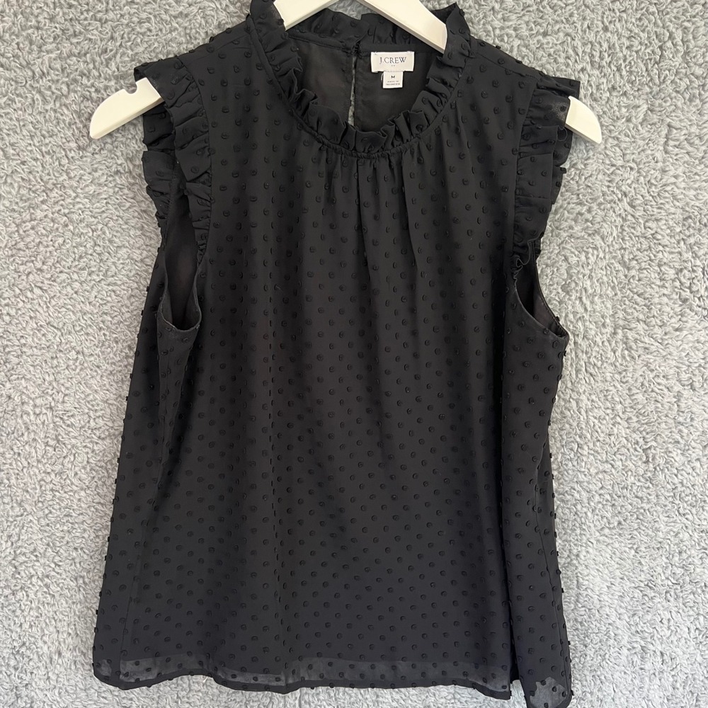 Black Swiss Dot Ruffle Blouse J.Crew Medium Sleeveless Sheer Romantic Top